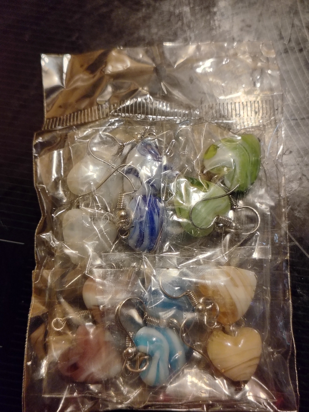 Murano Multicolor Glass Heart Dangle Earrings - Blue Green White Tan X 17